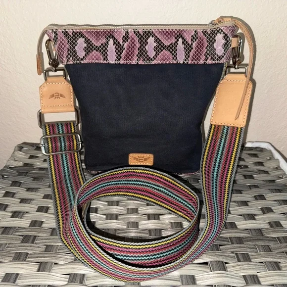 Consuela Crossbody Bag – Pink Python Print & Black Canvas with Rainbow Strap - Picture 3 of 17
